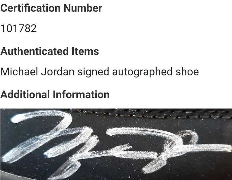 May include: A close-up of a black shoe with a white signature that reads "Michael Jordan".