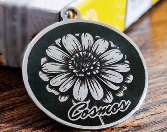 Personalized Pet ID Tag for your Cat and Dog, Engraved Silver Stainless Steel Cosmos Design, Blooming Daisy Design, Customizable Pet Name