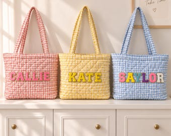 Personalized Quilted Heart Tote Bag, Custom Chenille Name Patch Gingham Shoulder Bag, Quilted Toddler Kids Girls Bag, Back to School Gift