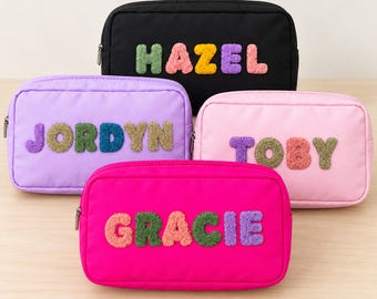 Custom X-Large Nylon Pouch, Personalized Chenille Patch Makeup Bag, Travel Toiletry Bags, Cosmetic bag, Gift Pouch, Bridesmaid Gift