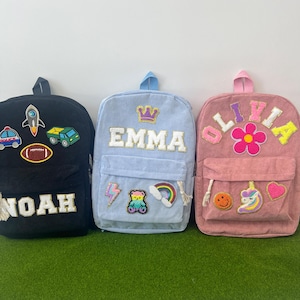 Sac à dos personnalisé en velours côtelé : cartable personnalisé avec nom et écusson en chenille pour enfants et tout-petits