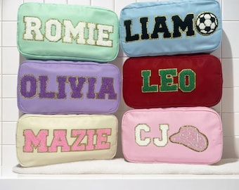 Custom X-Large Nylon Pouch, Personalized Chenille Patch Makeup Bag, Travel Toiletry Bags, Cosmetic bag, Gift Pouch, Bridesmaid Gift
