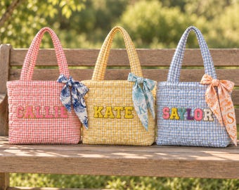 Personalized Quilted Heart Tote Bag, Custom Chenille Name Patch Gingham Shoulder Bag, Quilted Toddler Kids Girls Bag, Back to School Gift