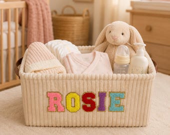 Custom Baby Storage Basket, Personalized Chenille Patch Name Basket, Newborn Toy Storage Box With Name, Moms To Be Gifts, Baby Shower Gift