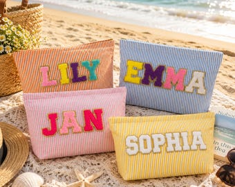 Custom Seersucker Makeup Bag, Personalized Chenille Patch Name Vacation Travel Pouch, Travel Toiletry Bags, Cosmetic bag, Bridesmaid Gift