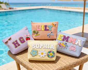 Custom Seersucker Makeup Bag, Personalized Chenille Patch Name Vacation Travel Pouch, Travel Toiletry Bags, Cosmetic bag, Bridesmaid Gift