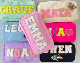 Custom X-Large Nylon Pouch, Personalized Chenille Patch Makeup Bag, Travel Toiletry Bags, Cosmetic bag, Gift Pouch, Bridesmaid Gift