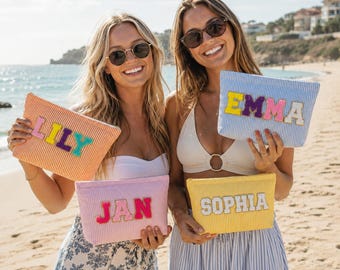 Custom Seersucker Makeup Bag, Personalized Chenille Patch Name Vacation Travel Pouch, Travel Toiletry Bags, Cosmetic bag, Bridesmaid Gift