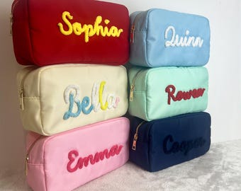Custom X-Large Nylon Pouch, Personalized Chenille Yarn Name Makeup Bag, Travel Toiletry Bags, Cosmetic bag, Gift Pouch, Bridesmaid Gift