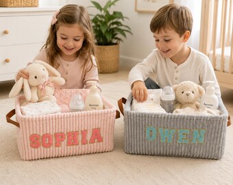 Custom Baby Storage Basket, Personalized Chenille Patch Name Basket, Newborn Toy Storage Box With Name, Moms To Be Gifts, Baby Shower Gift