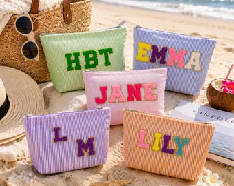 Custom Seersucker Makeup Bag, Personalized Chenille Patch Name Vacation Travel Pouch, Travel Toiletry Bags, Cosmetic bag, Bridesmaid Gift