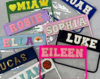 Custom Clear Bag With Patches, Makeup Cosmetic Bag With Name, Chenille Varsity Letter Patches Travel Clear Pouch Dupe, Bridal Gift For Her
