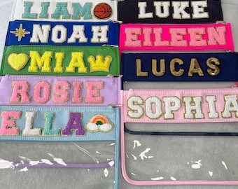 Custom Clear Bag With Patches, Makeup Cosmetic Bag With Name, Chenille Varsity Letter Patches Travel Clear Pouch Dupe, Bridal Gift For Her