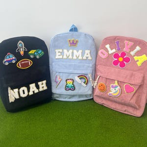Sac à dos personnalisé en velours côtelé, cartable personnalisé pour enfants avec nom et écusson, cadeau d'anniversaire pour enfants et tout-petits