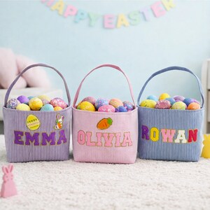 Custom Seersucker Easter Basket, gepersonaliseerde naam Easter Basket, Chelline Patch Kids Egg Hunt, paascadeau