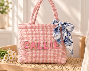 Personalized Quilted Heart Tote Bag, Custom Chenille Name Patch Gingham Shoulder Bag, Quilted Toddler Kids Girls Bag, Back to School Gift