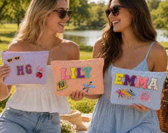 Custom Seersucker Makeup Bag, Personalized Chenille Patch Name Vacation Travel Pouch, Travel Toiletry Bags, Cosmetic bag, Bridesmaid Gift