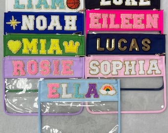 Custom Clear Bag With Patches, Makeup Cosmetic Bag With Name, Chenille Varsity Letter Patches Travel Clear Pouch Dupe, Bridal Gift For Her