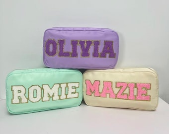 Custom X-Large Nylon Pouch, Personalized Chenille Patch Makeup Bag, Travel Toiletry Bags, Cosmetic bag, Gift Pouch, Bridesmaid Gift