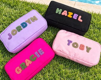 Custom X-Large Nylon Pouch, Personalized Chenille Patch Makeup Bag, Travel Toiletry Bags, Cosmetic bag, Gift Pouch, Bridesmaid Gift