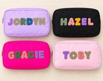Custom X-Large Nylon Pouch, Personalized Chenille Patch Makeup Bag, Travel Toiletry Bags, Cosmetic bag, Gift Pouch, Bridesmaid Gift