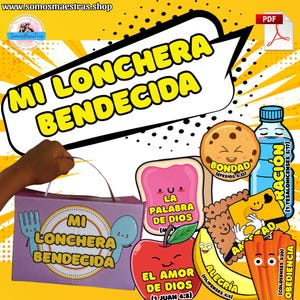 Puede incluir: Ilustración colorida con el texto "MI LONCHERA BENDECIDA" y varios alimentos sonrientes. Incluye una bolsa de almuerzo, manzana, plátano, galleta, botella de agua y tostadas. La imagen tiene un fondo amarillo con puntos negros.