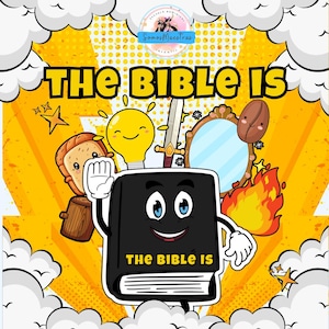 Puede incluir: Ilustración de dibujos animados con el texto "THE BIBLE IS". Un libro sonriente con brazos y ojos está rodeado por una bombilla, una espada, un espejo, un grano de café y llamas. El fondo es amarillo con nubes blancas.