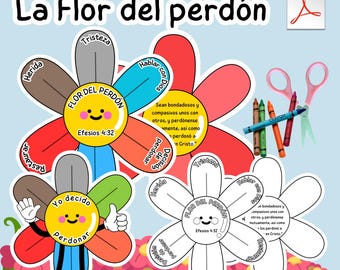Könnte beinhalten: Eine farbenfrohe, lehrreiche Grafik mit dem Titel "La Flor del Perdón" (Die Blume der Vergebung) zeigt Blumendiagramme mit spanischem Text. Das Bild enthält Buntstifte, eine Schere und ein PDF-Symbol, was auf eine druckbare Ressource hindeutet.