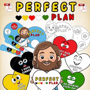 Könnte beinhalten: Eine farbenfrohe Illustration mit dem Text "PERFECT PLAN" und Bildern von Jesus, Herzen und Kreisen. Die Herzen zeigen verschiedene Ausdrücke und Sätze wie "Ich habe gesündigt" und "Gott liebt mich".