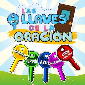 Puede incluir: Un gráfico colorido con el texto "LAS LLAVES DE LA ORACION" y varias ilustraciones en forma de llave. Cada llave es de un color diferente y tiene una palabra, incluyendo "GRACIAS" y "AMOR Y CONFIANZA". También hay un gráfico de una puerta.