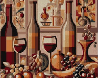 Patrón de punto de cruz de naturaleza muerta de una tienda de vinos: inspiración cubista (patrón PDF)