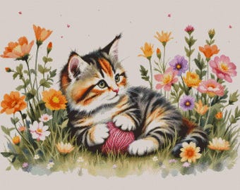 Patrón de punto de cruz de gatito calicó: Ovillo de lana, campo de flores silvestres (patrón en PDF)