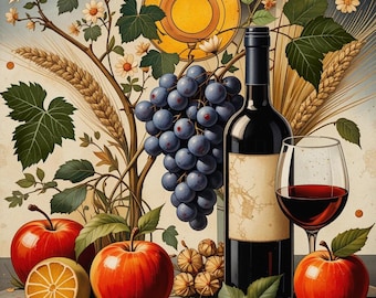 Patrón de punto de cruz de Bodegón de vino y frutas: Cosecha abundante (PDF)