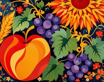 Patrón de punto de cruz de bodegón de arte popular: manzana, uva y girasol (patrón PDF)