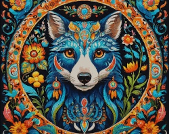 Patrón de punto de cruz con diseño floral de zorro azul: bordado de arte popular (PDF)