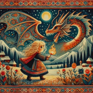 Drachen Mädchen Fantasie Kreuzstichmuster Stiche: 300 X 283 Handstickerei Muster PDF Kreuzstichvorlage DMC Farben PDF Muster