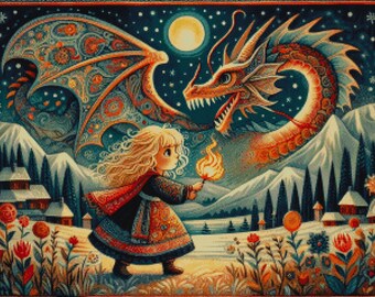 Patrón de punto de cruz de fantasía de Dragon Girl: Bordado caprichoso (PDF)