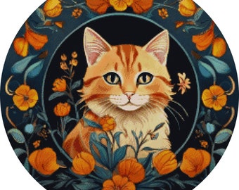 Patrón de punto de cruz de gato naranja floral: Flores caprichosas (patrón PDF)