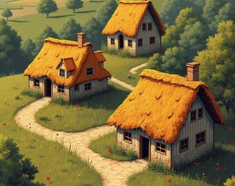 Patrón de punto de cruz de paisaje de cabaña con techo de paja (PDF)