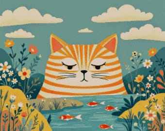 Patrón de punto de cruz con diseño de gato jengibre y río floral (PDF)