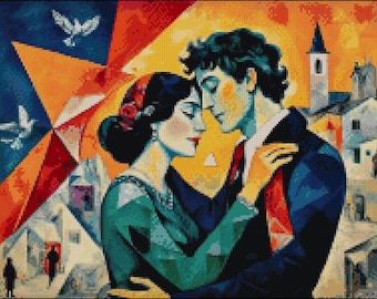 Patrón de punto de cruz "Amantes del Cubismo": Abrazo abstracto en la ciudad (patrón PDF)