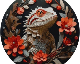Patrón de punto de cruz de dragón barbudo floral: bordado de lagarto (patrón PDF)