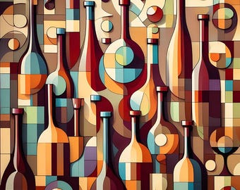 Patrón de punto de cruz de botella de vino cubista: Bodegón geométrico (patrón PDF)