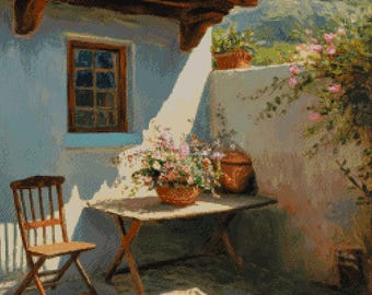 Patrón de punto de cruz: Paisaje de patio: Azulejo mediterráneo con flores (PDF)