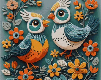 Patrón de punto de cruz de loro de fantasía: pájaros y flores de arte popular (patrón PDF)