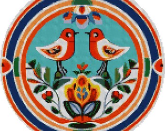 Patrón de punto de cruz de pájaros coloridos: Fantasía de arte popular (Patrón PDF)