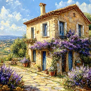 Könnte beinhalten: Ein Steinhaus mit einem Terrakotta-Dach und blauen Türen ist von lila Blumen umgeben. Das Haus liegt an einem Hang mit Blick auf ein Tal in der Ferne.
