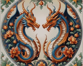 Patrón de punto de cruz de dragones de fantasía: Diseño floral ornamentado (patrón PDF)