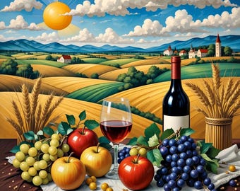 Patrón de punto de cruz de Bodegón de Vino: Paisaje Pastoril (Patrón PDF)