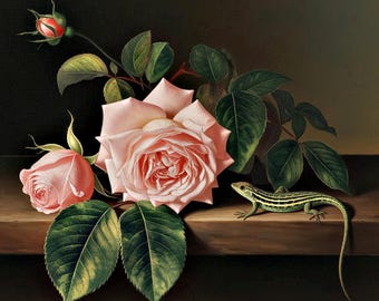 Patrón de punto de cruz de rosas y lagarto: Bordado de bodegones (patrón PDF)